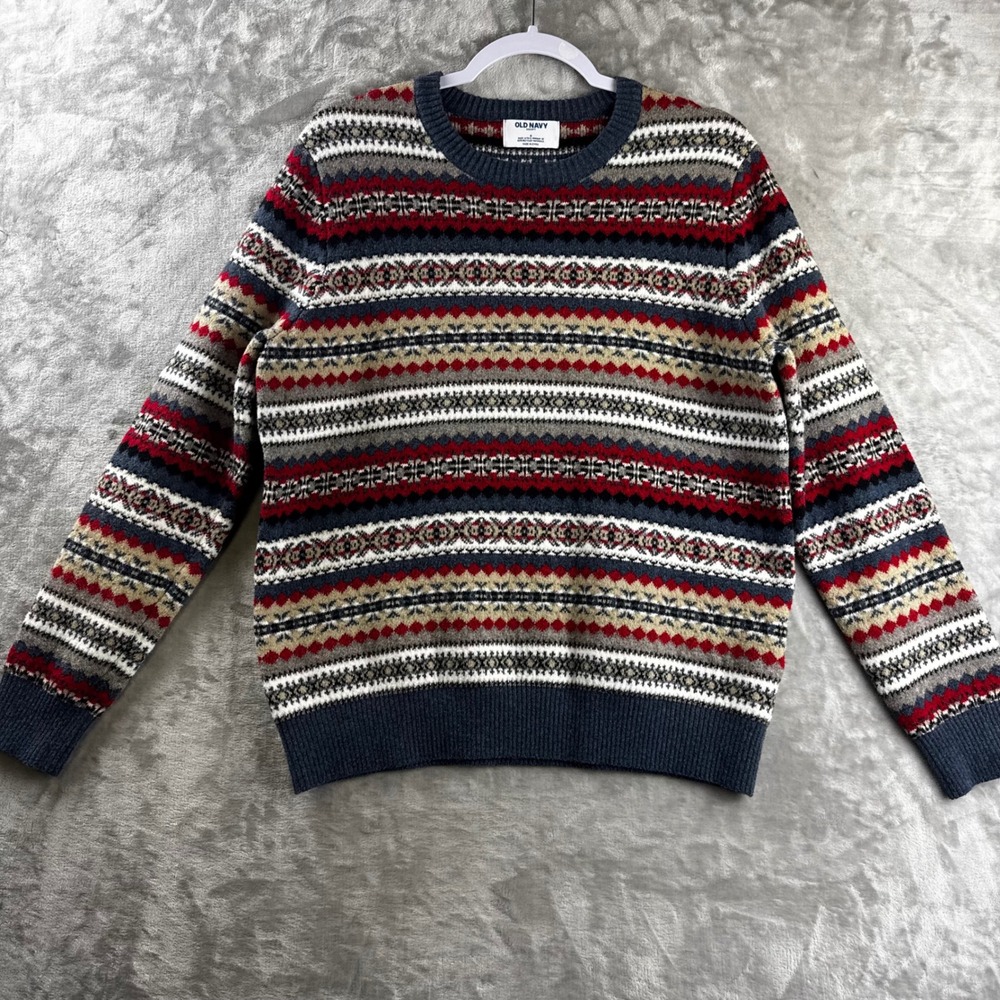 Old Navy SoSoft Sweater Mens Small Blue Red Gray Fair Isle Crewneck (1877)